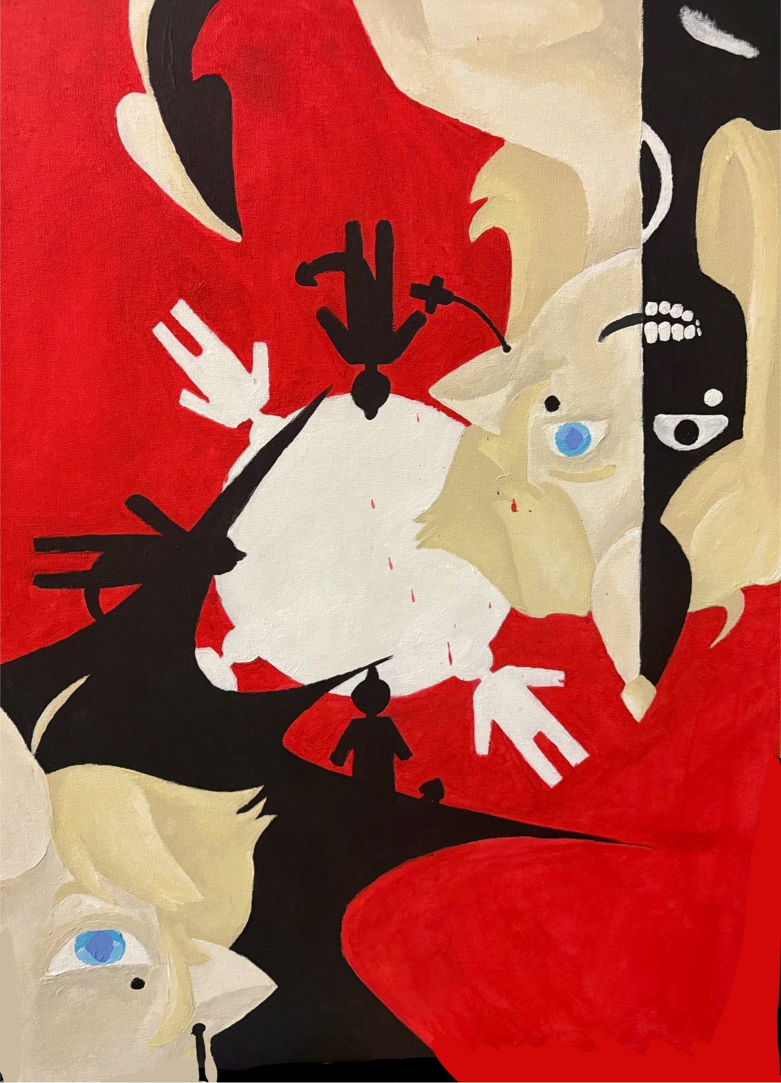 An abstract-esque art piece with a strinking red background. The character Wisteria shows up in the top right and bottom left of the canvas. he art piece is mainly ight yellow, red, and black, to create a pop-art contrast.