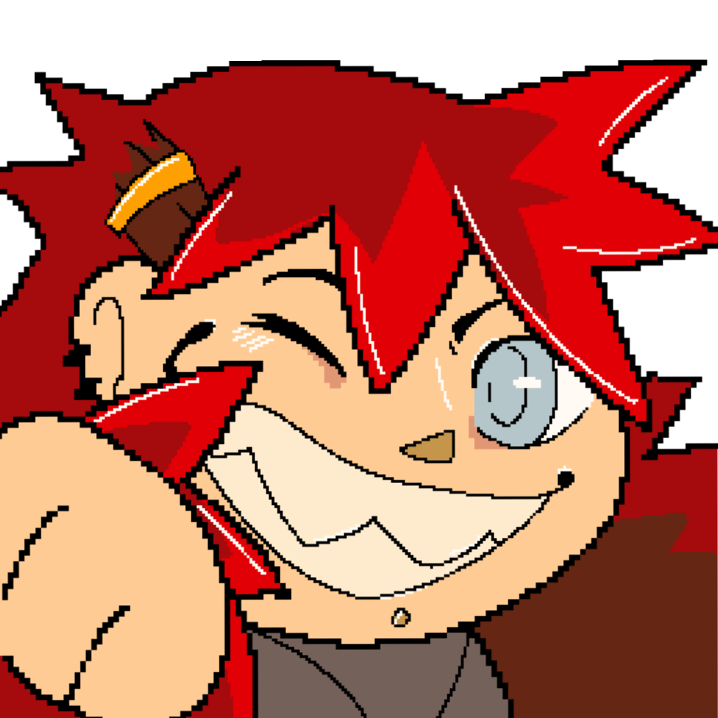 An image of the website creator in a cartoony style. The character gad bright red hair and is giving a sharp-toothed grin.