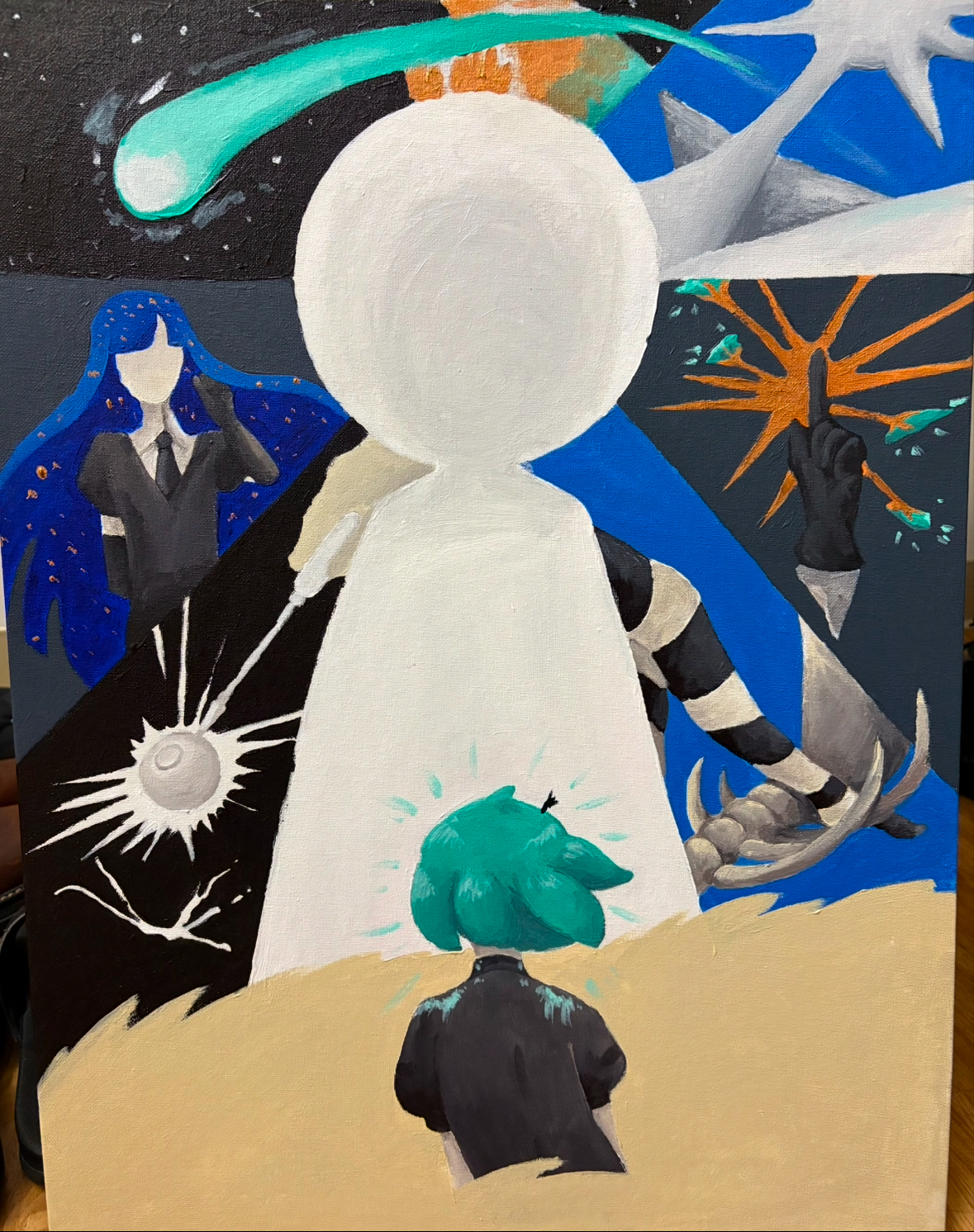 An acrylic painting based on the story of Houseki no Kuni. The center features a looming white figure with a halo facing the viewer. Below is the main character, with crystalline blue hair, staring up at the figure. Behind the figure are scenes from the manga, including a teal comet, a blue haired figure, an eyeball being pierced, a shell with legs with banded crystal markings, a hand holding up one finger with gold behind it, and a large ice sculpture.