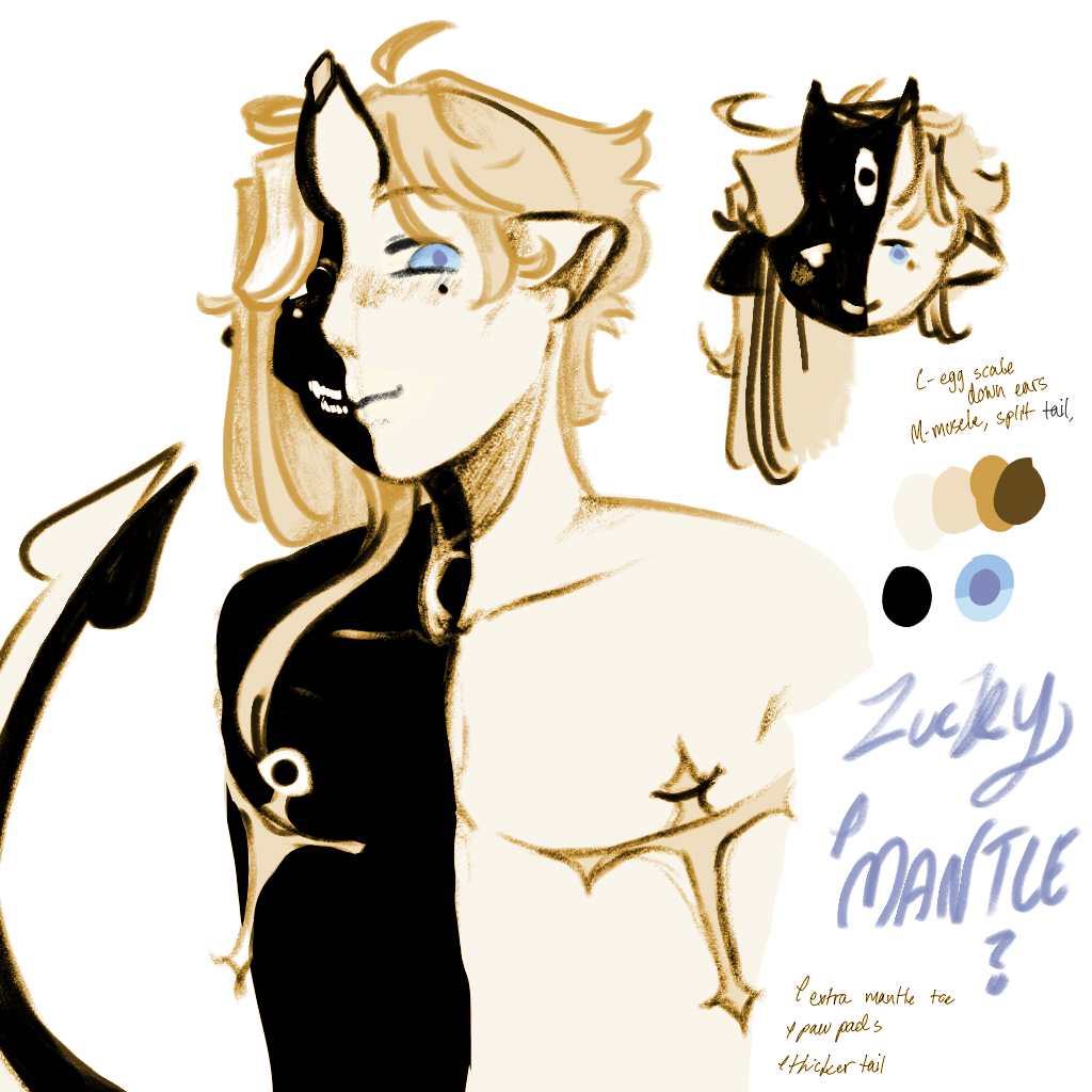 A humanoid character with dragon features. The character has split markings down the middle, with the right side of his body being black and the left side being pale. He has scars under his chest that resemble crosses, and long hair that goes over his right shoulder. There is some text on the image stating his species and some nonsensical notes.